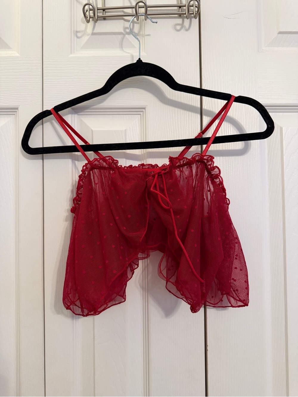 Red Sheer Polka Dot Mesh Top Flutter Sleeve Lace Up Coquette Lingerie Y2K